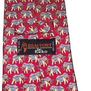 Beaufort Tie Rack Men's Necktie Silk Satin Red Standard Elephants Art Formal Fun